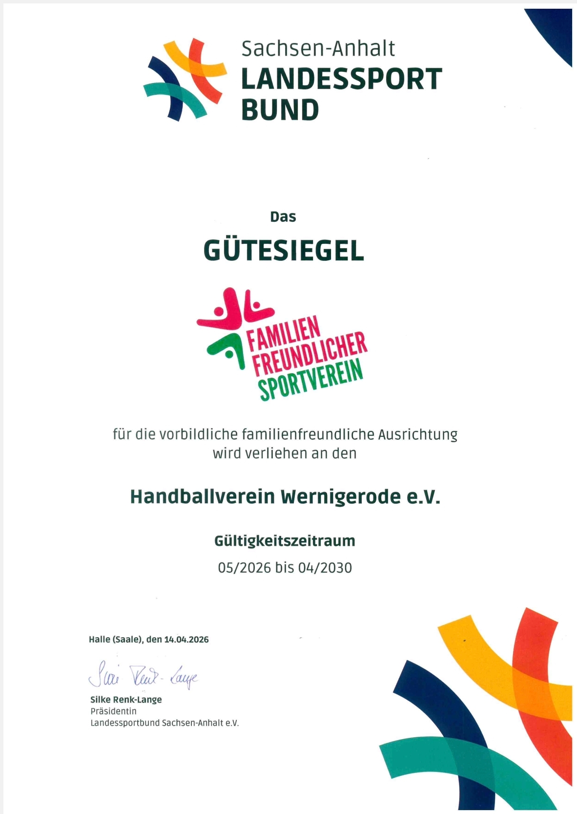 Gütesiegel verlängert: Handballverein Wernigerode bleibt familienfreundlich! 
