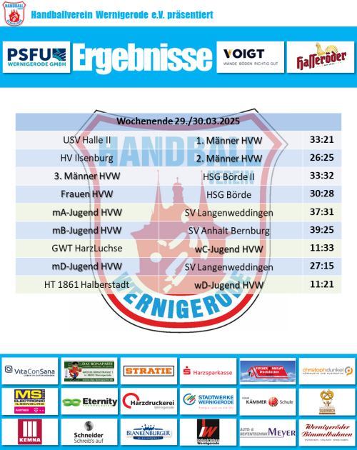 HVW Spielergebnisse vom 29./30.03.2025