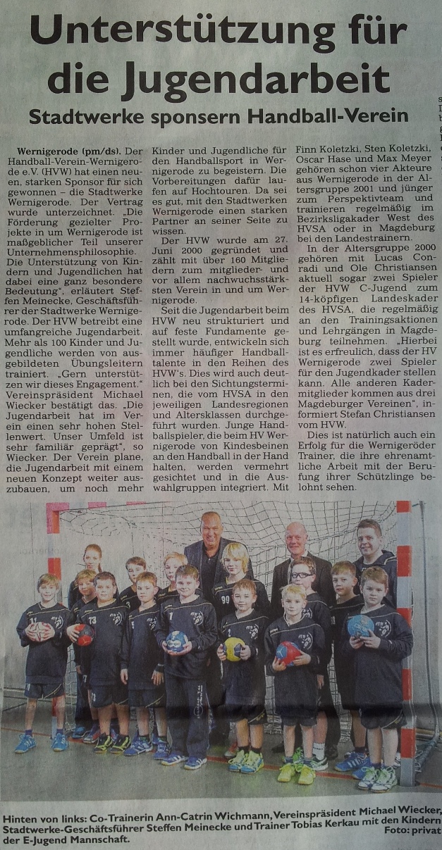 Stadtwerke Wernigerode unterstützen Jugendarbeit des HVW