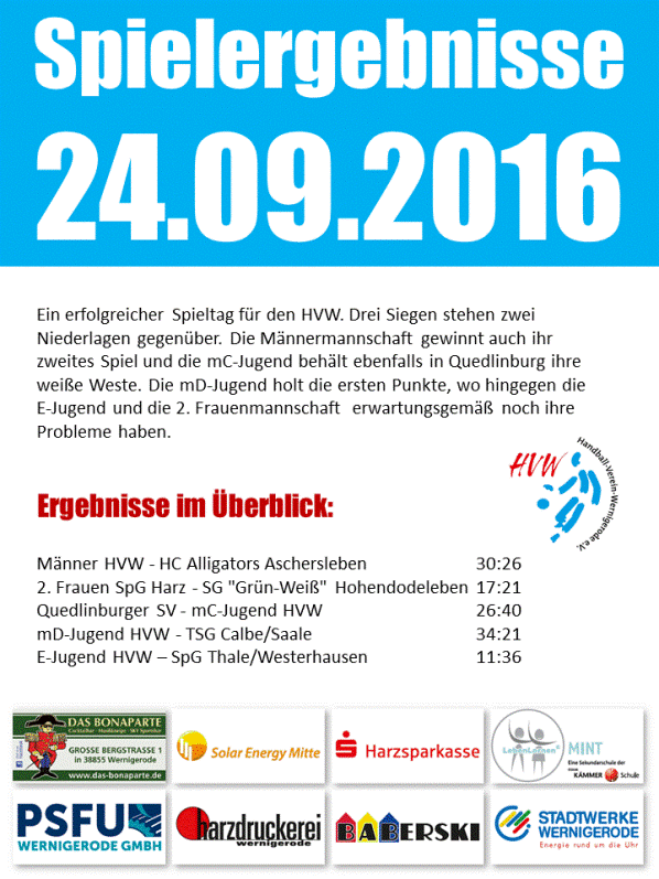 HVW Spielergebnisse vom 24.09.16