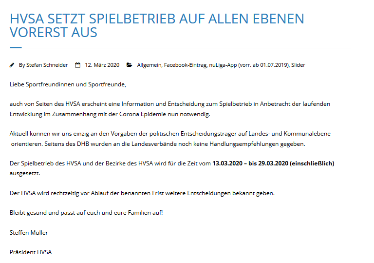 Spielbetrieb in allen Handball Ligen wird ausgesetzt