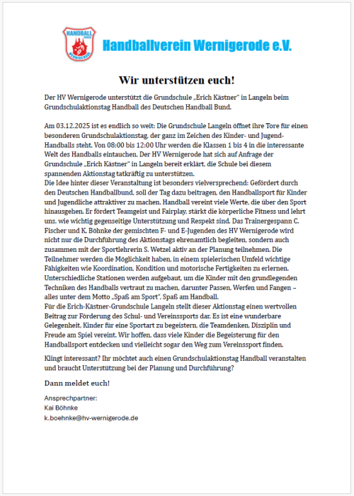 HV Wernigerode unterstützt die Grundschule 