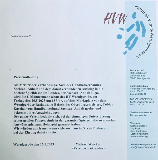 Meisterehrung 1. Männer auf dem Marktplatz 26.05.2023