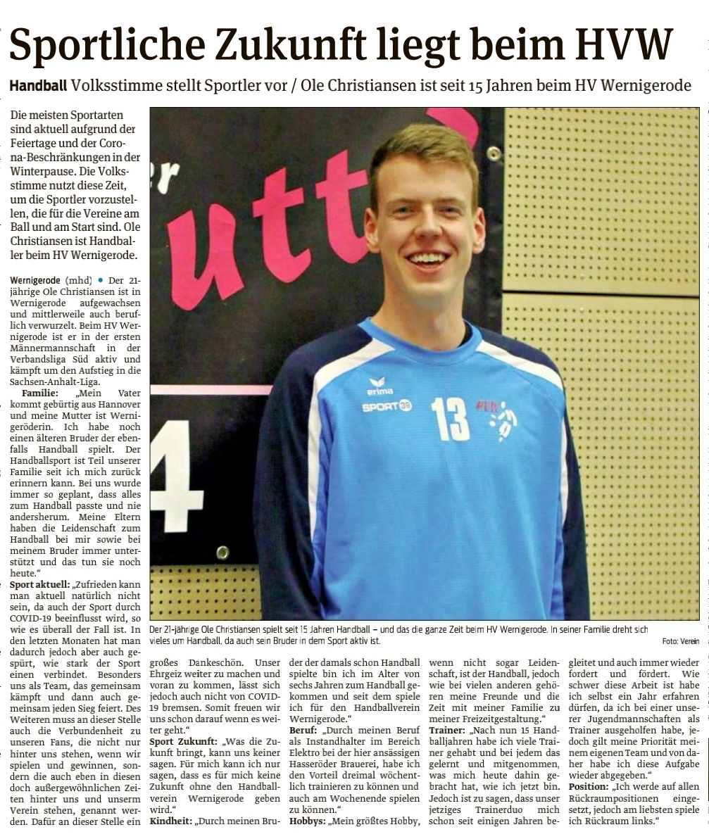 Volksstimme Interview mit HVW Spieler Ole Christiansen