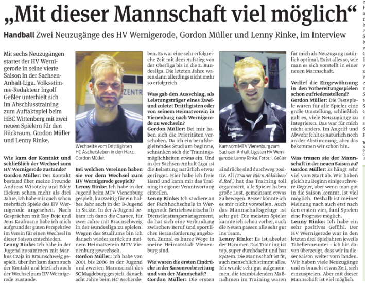 Volksstimme Interview mit HVW Spieler Gordon Müller und Lenny Rinke