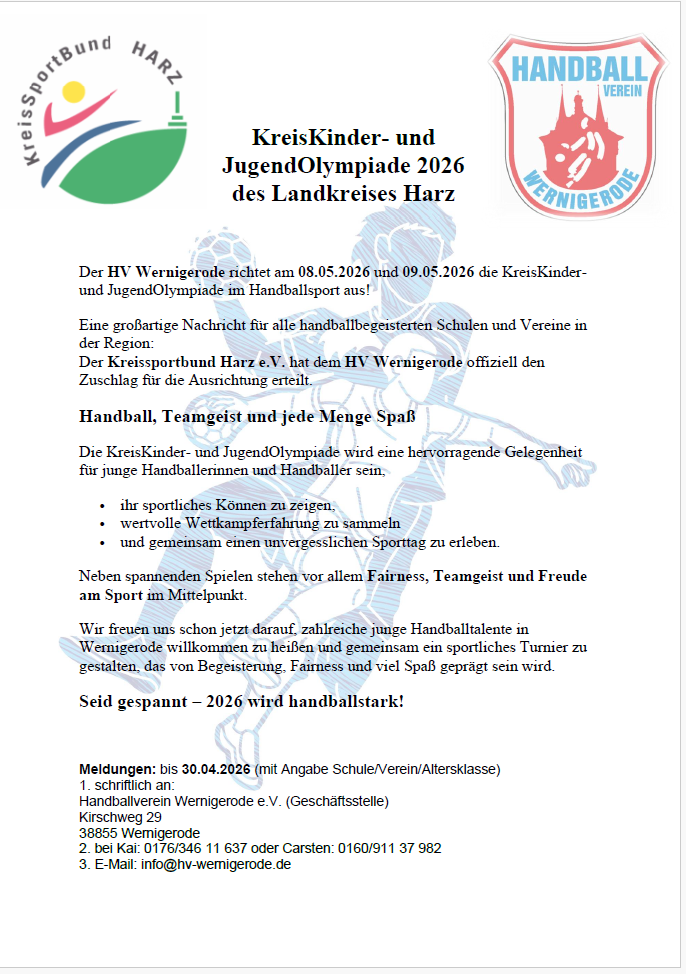 Wie cool ist das denn? Die KreisKinder- und JugendOlympiade im Bereich Handball kommt nach Wernigerode!