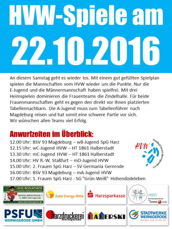 Spielansetzungen des HVW am 22.10.16