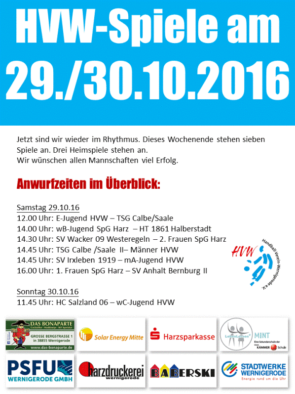 Diese Partien erwartet der HVW am Wochenende 29./30.10.16