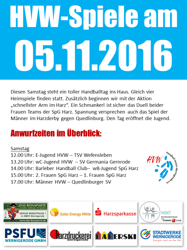 Das spielt sich ab am 5.11. 16 beim HVW