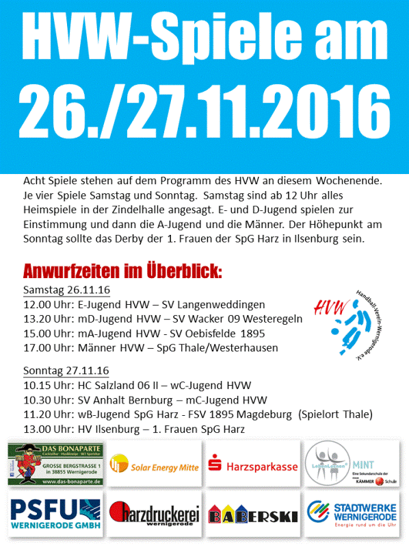 Spielansetzungen am Wochenende 26./27.11.16