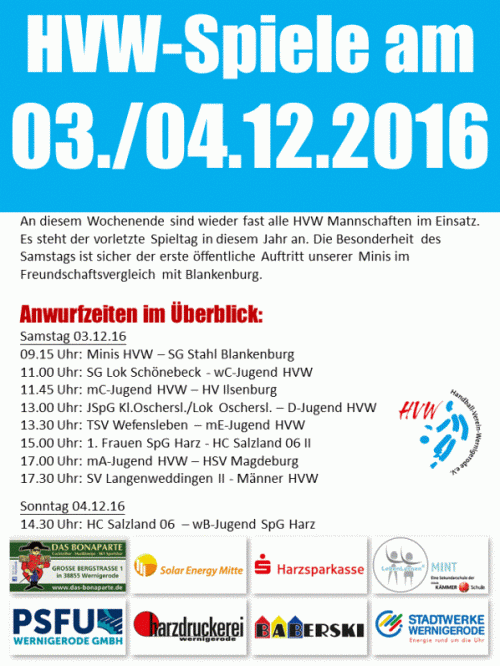 HVW Spiele am Wochenende 03./04.12.16