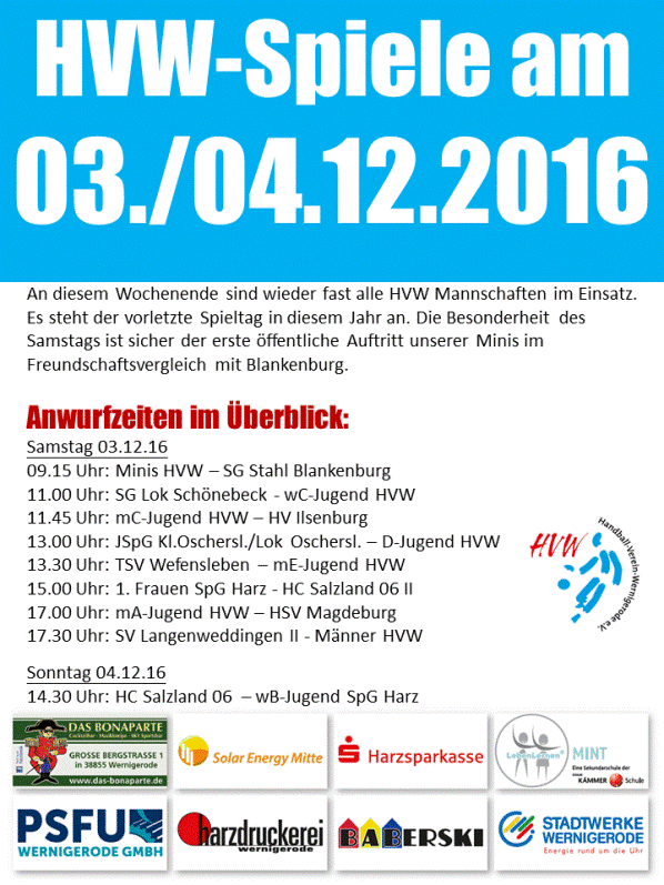 HVW Spiele am Wochenende 03./04.12.16