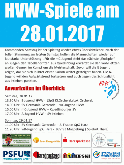 Spielansetzungen für den HVW am 28.01.17