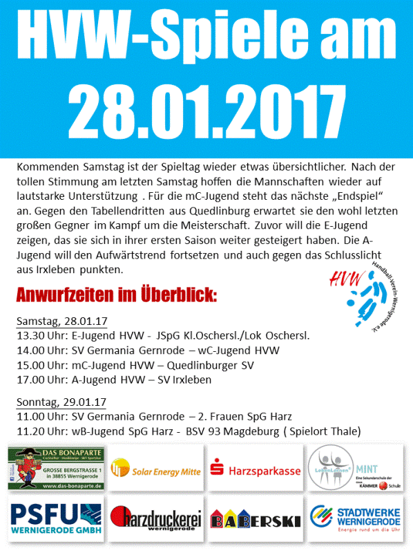 Spielansetzungen für den HVW am 28.01.17