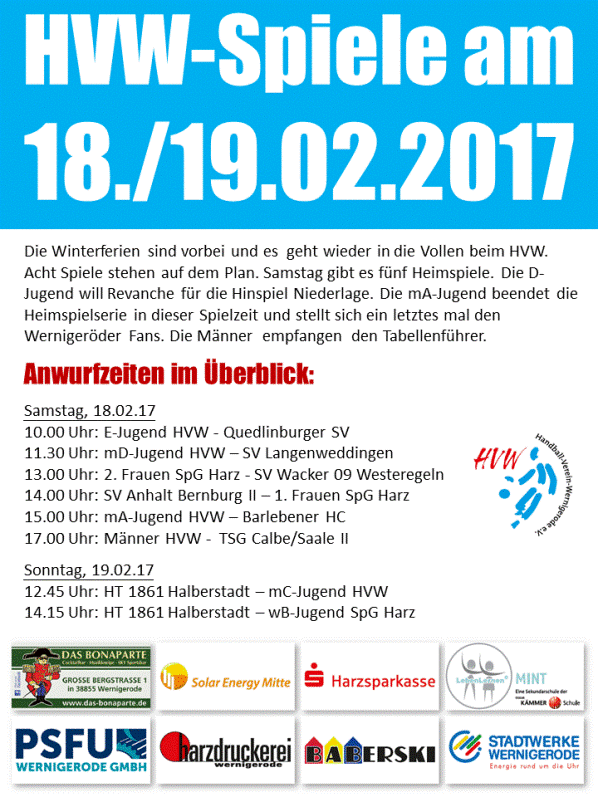 Volles Spielprogramm für den HVW am 18./19.02.17
