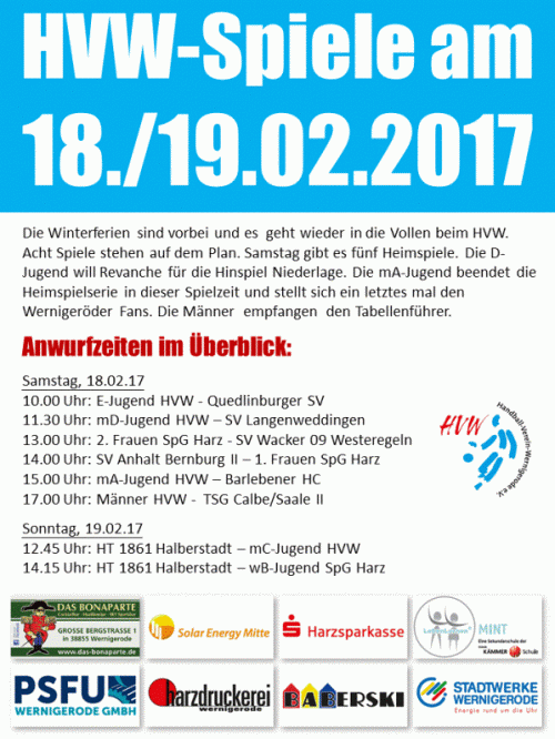 Volles Spielprogramm für den HVW am 18./19.02.17