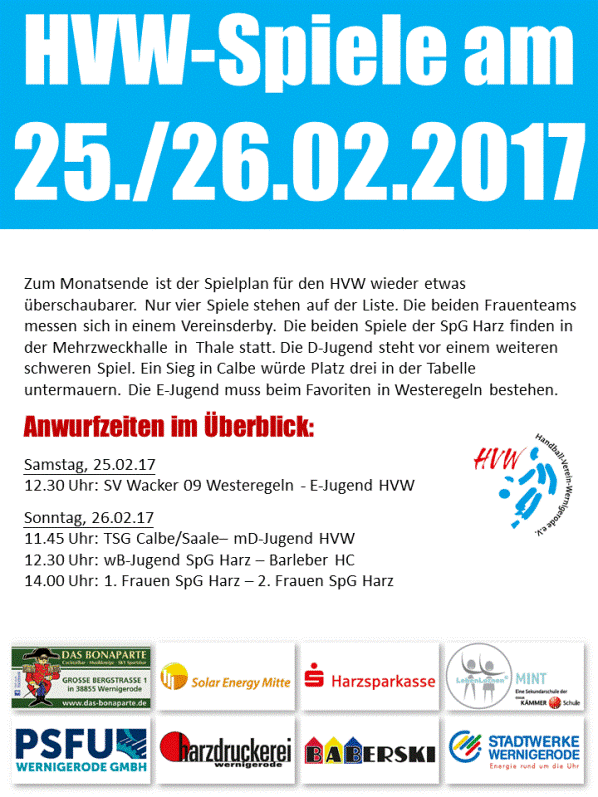 HVW Spiele am Wochenende 25./26.02.17