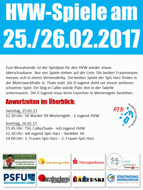 HVW Spiele am Wochenende 25./26.02.17