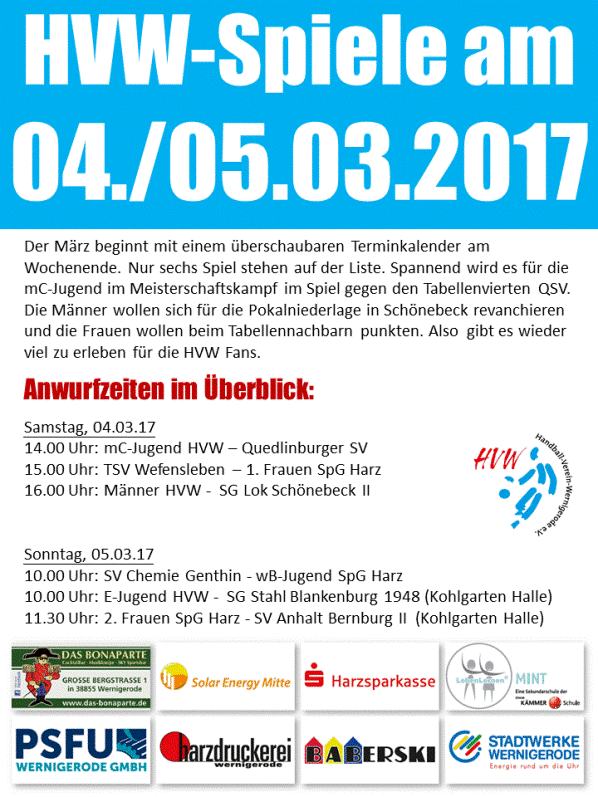 Das sind die HVW Spiele am Wochenende 04./05.03.17