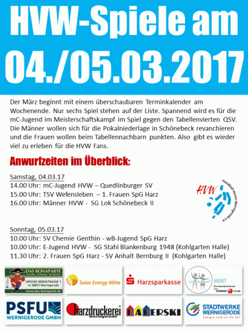 Das sind die HVW Spiele am Wochenende 04./05.03.17