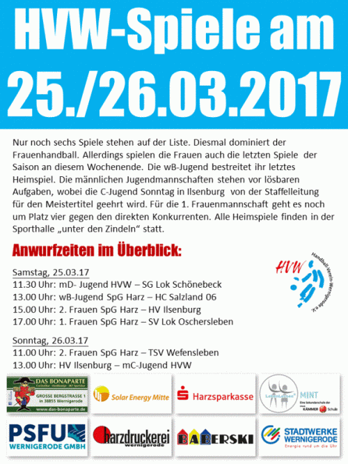 HVW Spiele vom Wochenende 25./26.03.17