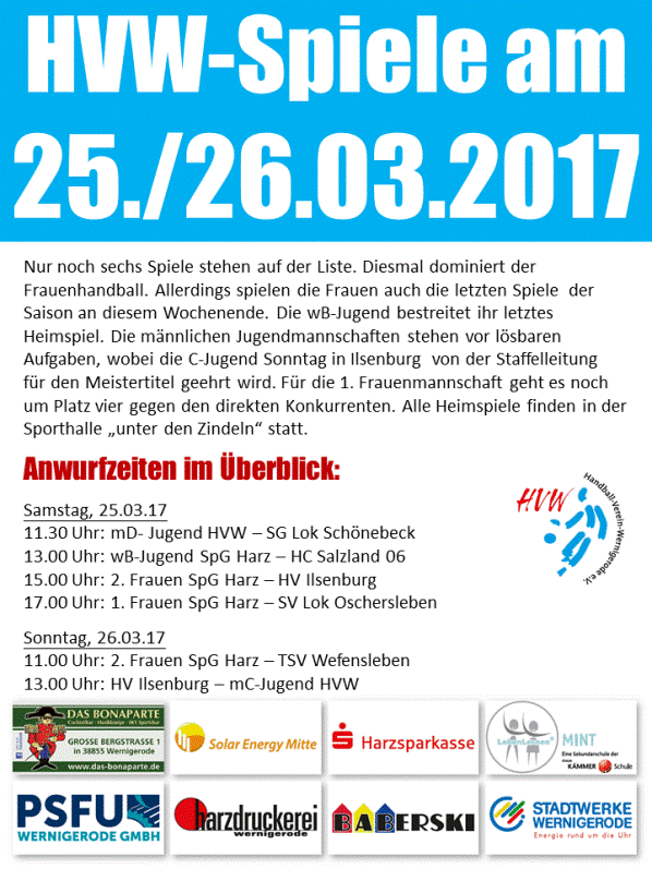 HVW Spiele vom Wochenende 25./26.03.17