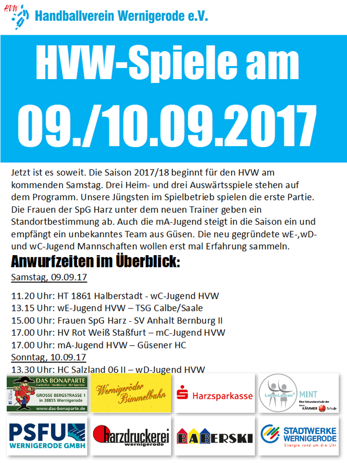 HVW Spiele am Wochenende 09./10.09.2017
