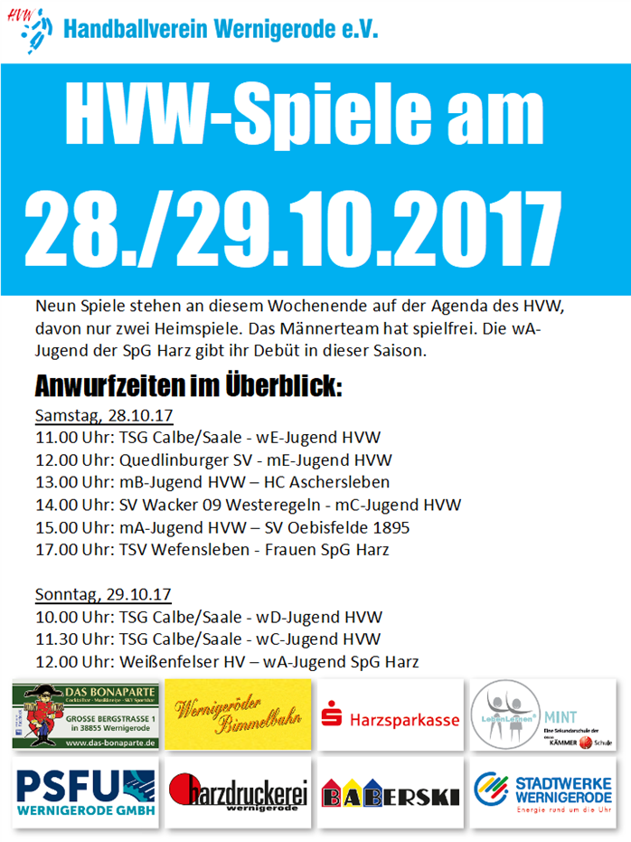 Spiele des HVW am Wochenende 28./29.10.17