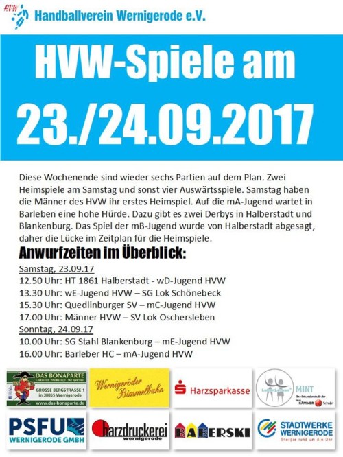 HVW Spiele am Wochenende 23./24.09.17
