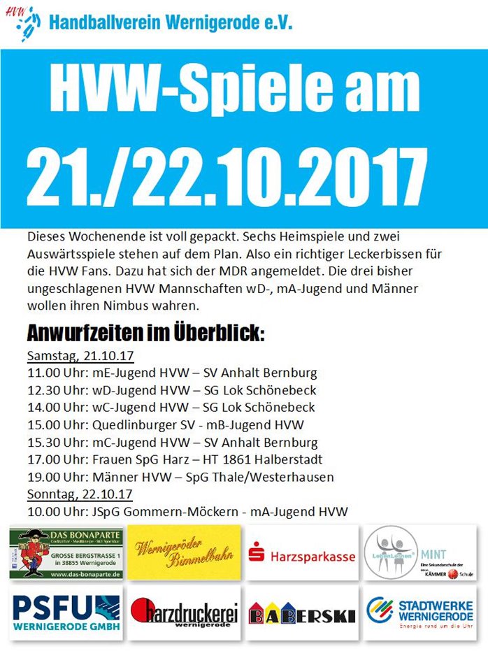 Das ist los beim HVW am Wochenende 21./22.10.17