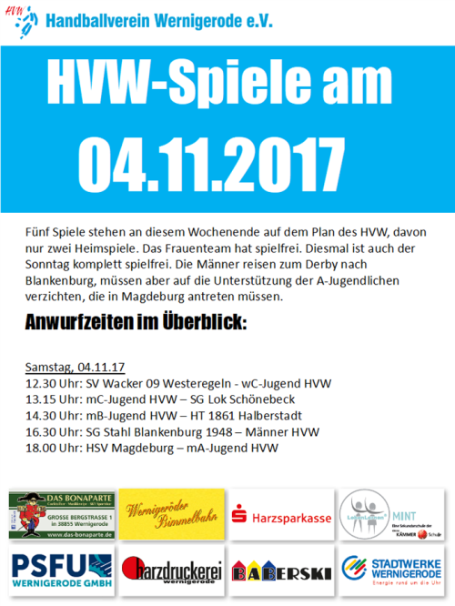 HVW Ansetzungen am Samstag 04.11.17