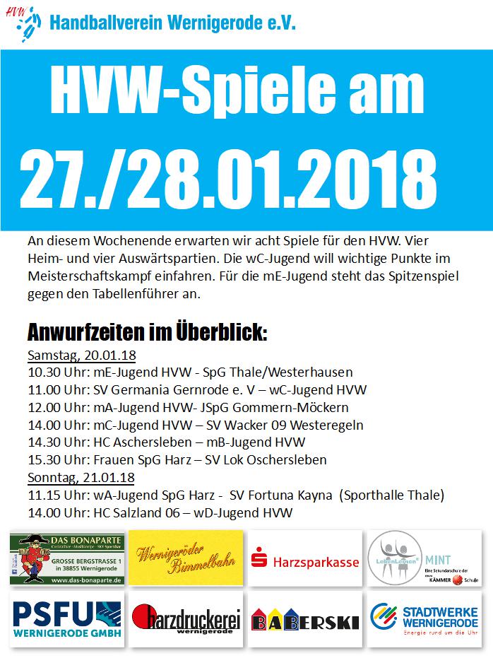 Spielplan für den HVW am 27./28.01.18