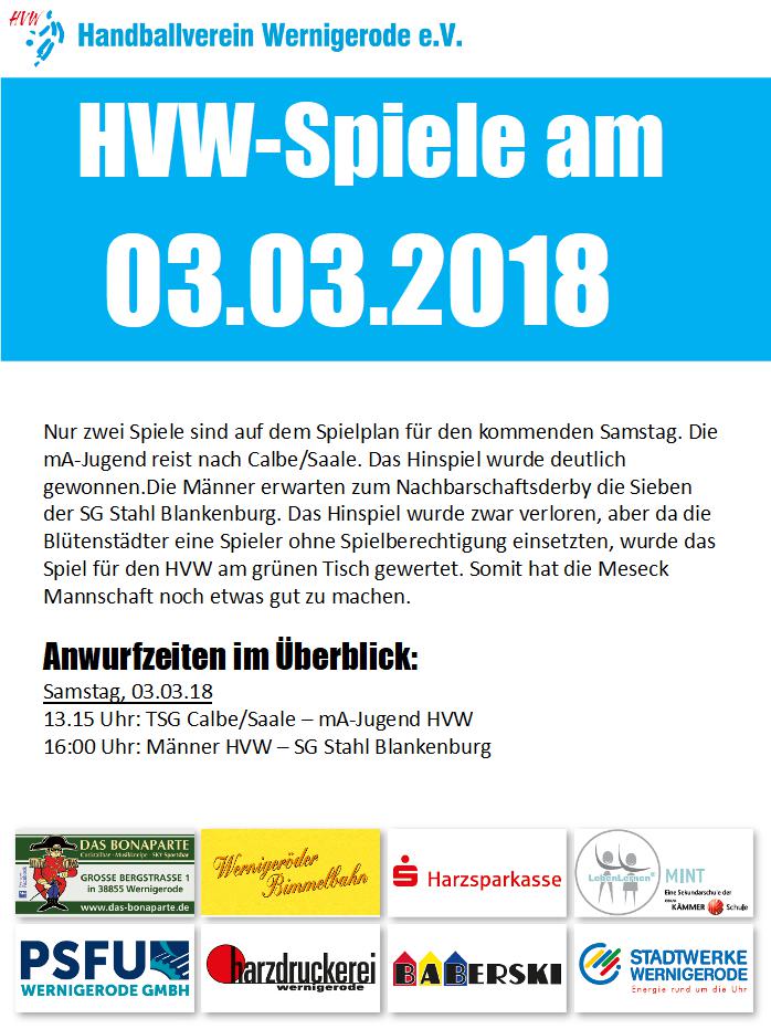 HVW Spielplan für den 03.03.18