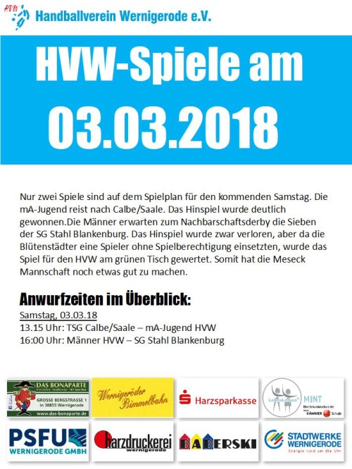 HVW Spielplan für den 03.03.18