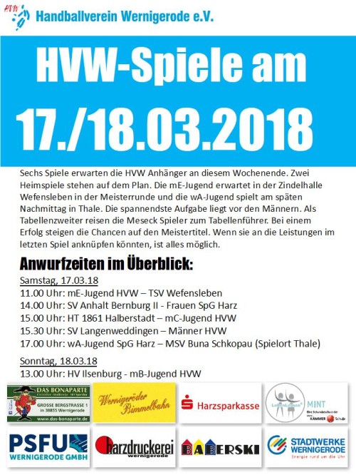 Spiele des HVW am 17./18.03.18