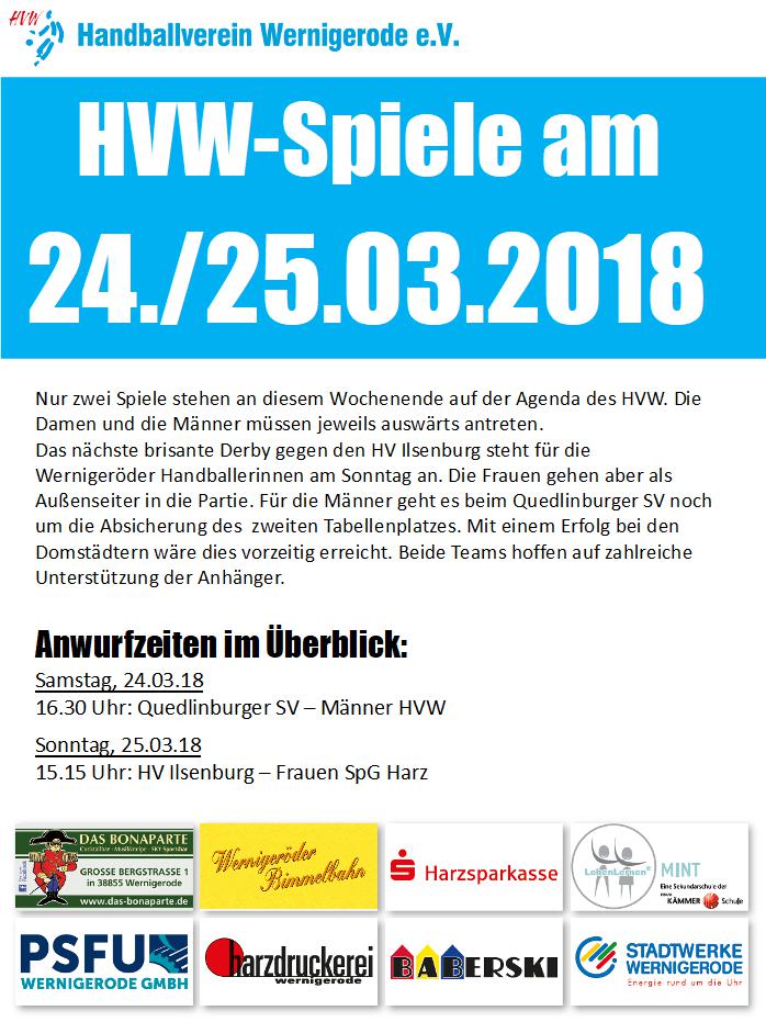 Spielansetzungen des HVW am Wochenende 24./25.03.18
