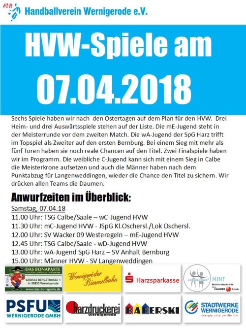 Spannungsvoller Spieltag für den HVW am 07.04.2018