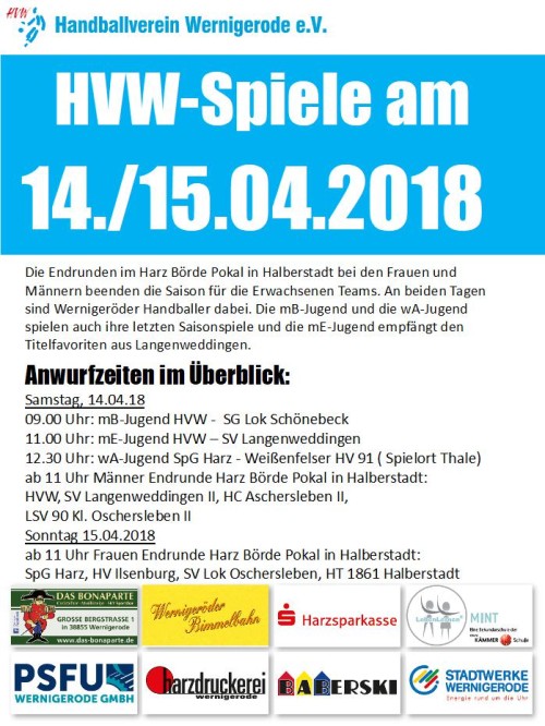 Spielansetzungen des HVW am Wochenende 14./15.04.2018