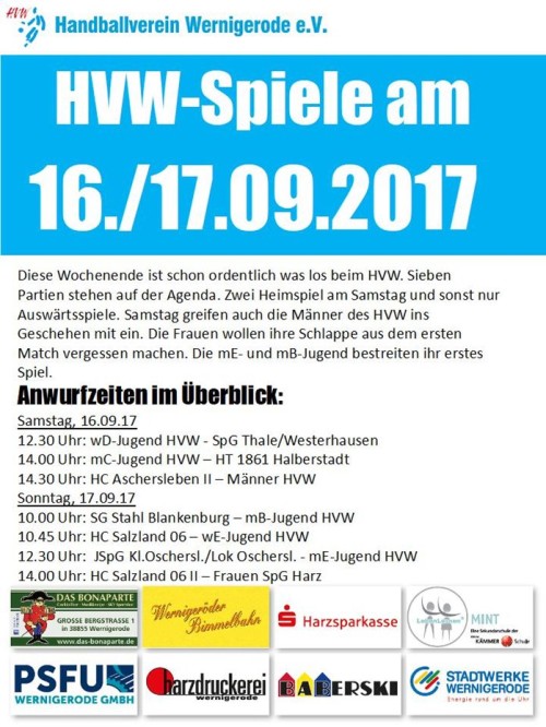 Spielansetzungen des HVW am Wochenende 16./17.09.17