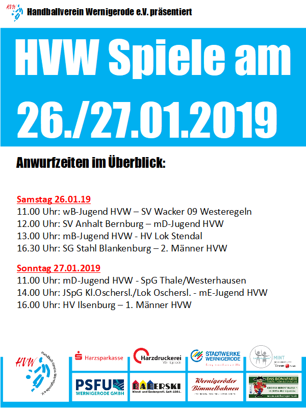 HVW Spiele am Wochenende 26./27.01.19