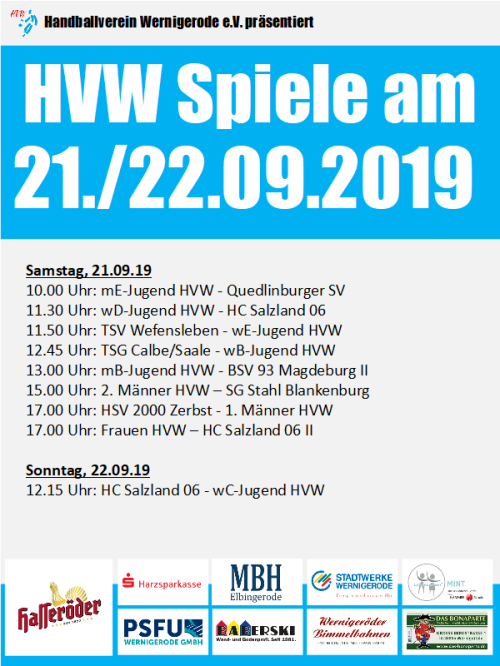 HVW Spielplan für das Wochenende 21./22.09.19