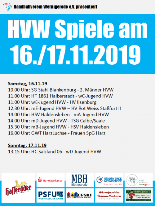 HVW Punkt-und Pokalspiele am Wochenende 16./17.11.19