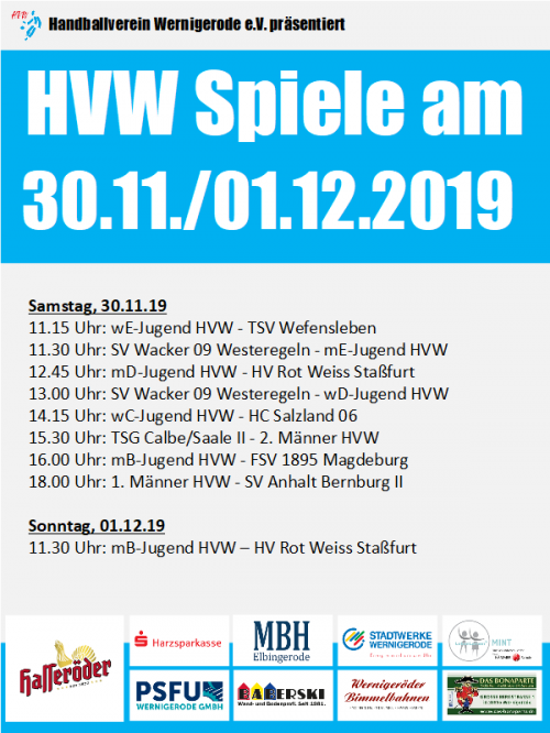 HVW Spiele  am Wochenende 30.11./01.12.19