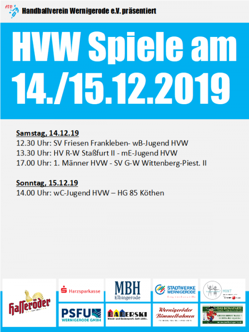 Letzter HVW Spieltag 2019, Spiele am 14./15.12.19