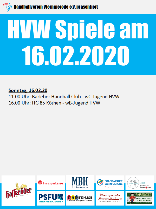 HVW Spiele am Sonntag 16.02.2020
