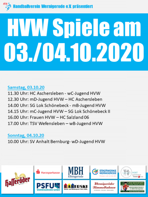 Spielansetzungen des HVW am Wochenende 03./04.10.2020