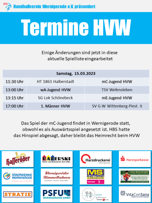 Überarbeiteter Spielplan für den 25.03.2023