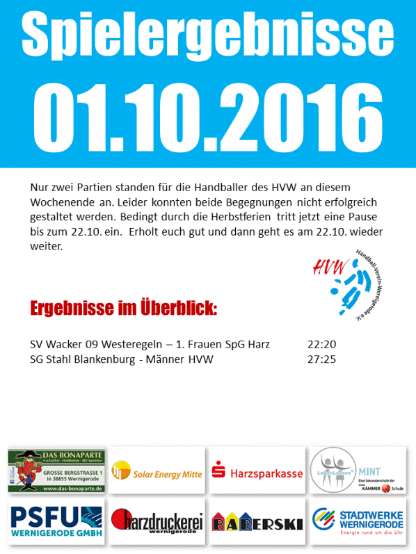 Spielergebnisse des HVW vom 01.10.16