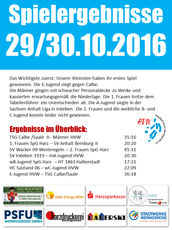 HVW Spielergebnisse vom WE 29./30.10.16