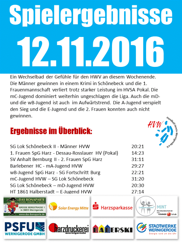 Spielergebnisse vom HVW am Wochenende 12./13.11.16